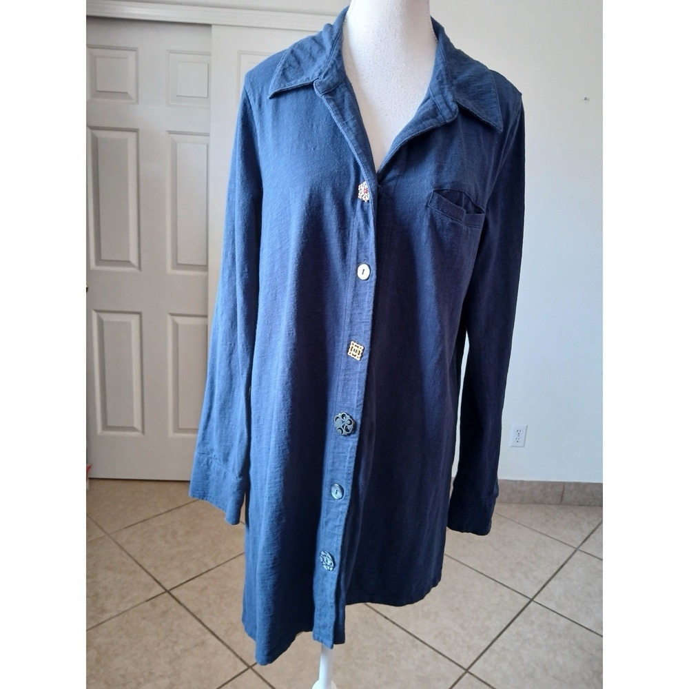 Soft Surroundings Womens Blouse Tunic Large‎ Button Front  Long Sleeve Navy Blue